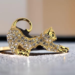 Vintage Cat Brooch Gold Tone Rhinestone Cat Brooch Stretching Cat Pin Vintage Gift for Cat Lover Retro Pin Midcentury Cat Jewelry Gold Tone
