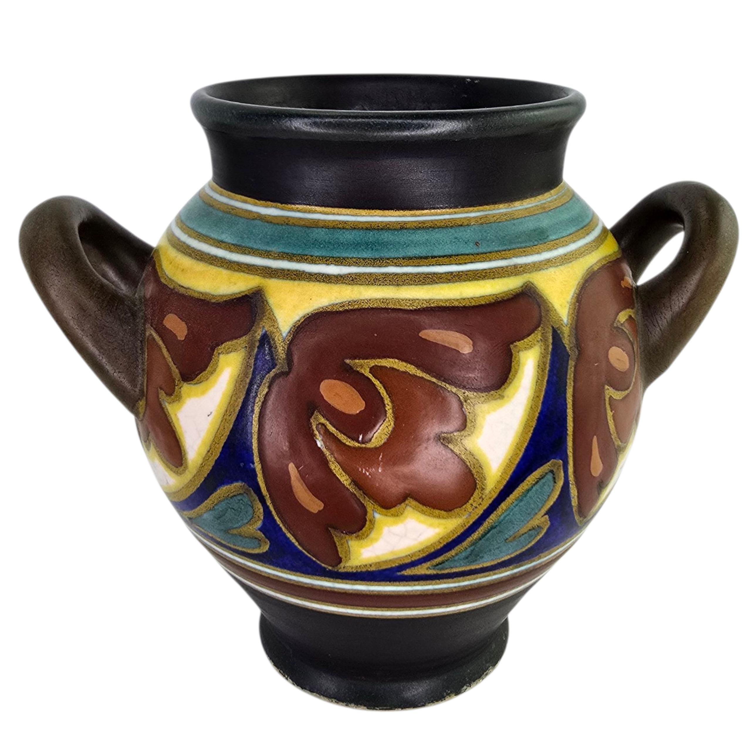 Antique Art Nouveau Gouda Vase Double Handle Floral Art Pottery