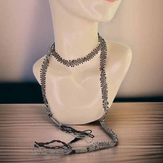 Antique Beaded Flapper Necklace Vintage Long Beaded Woven  display picture 2