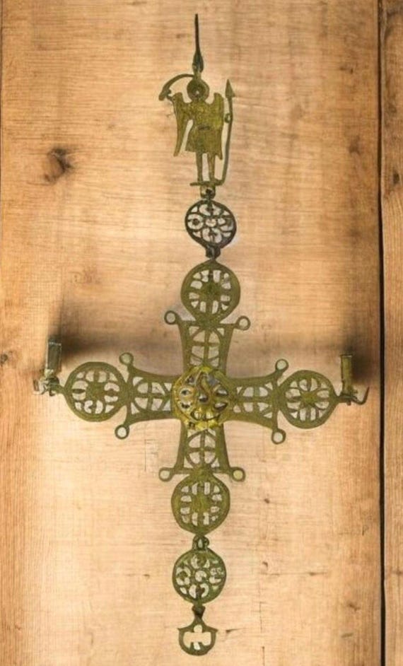 Antique Byzantine Brass Hanging Wall Cross Greek Archangel Micheal
