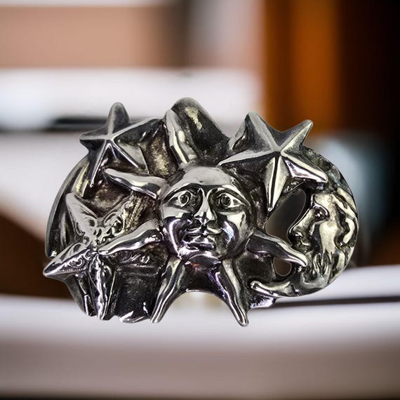 Large Vintage Sterling Silver Celestial Brooch Vintage Sun Stars Moon Brooch Silver Moon and Stars Brooch Celestial Jewelry Gift Sun & Moon