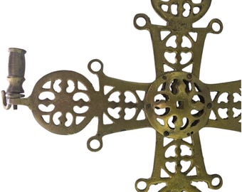 Antique Byzantine Brass Hanging Wall Cross Greek Archangel Micheal