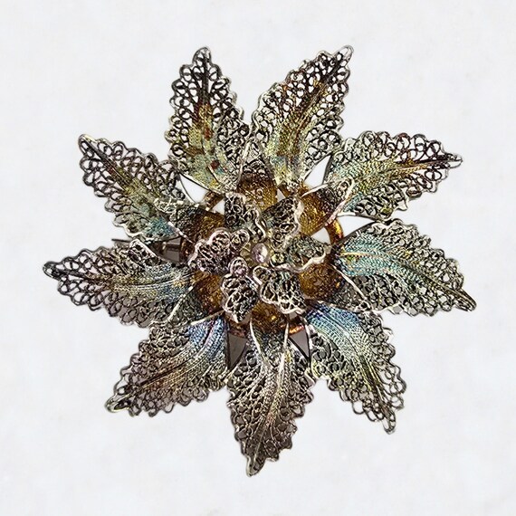 Broche Fleur Ancienne Filigranée En Argent Doré - Occasion - Style Vintage