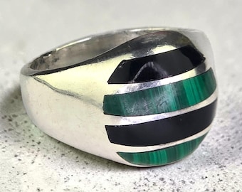Vintage gesigneerde Taxco Mexico heren sterlingzilver 925 groen malachiet zwarte onyx edelsteen inlegring maat 11 ambachtelijk vervaardigde sieraden voor mannen