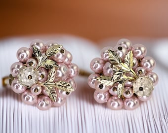 Vintage Pink Earrings Clip Retro Pink Cluster Faux Pearl