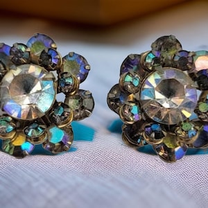 Vintage Midcentury Aurora Borealis Earrings 1950s Rhinestone Clip Earrings Vintage Aurora Borealis Rhinestone Earrings Midcentury Fashion