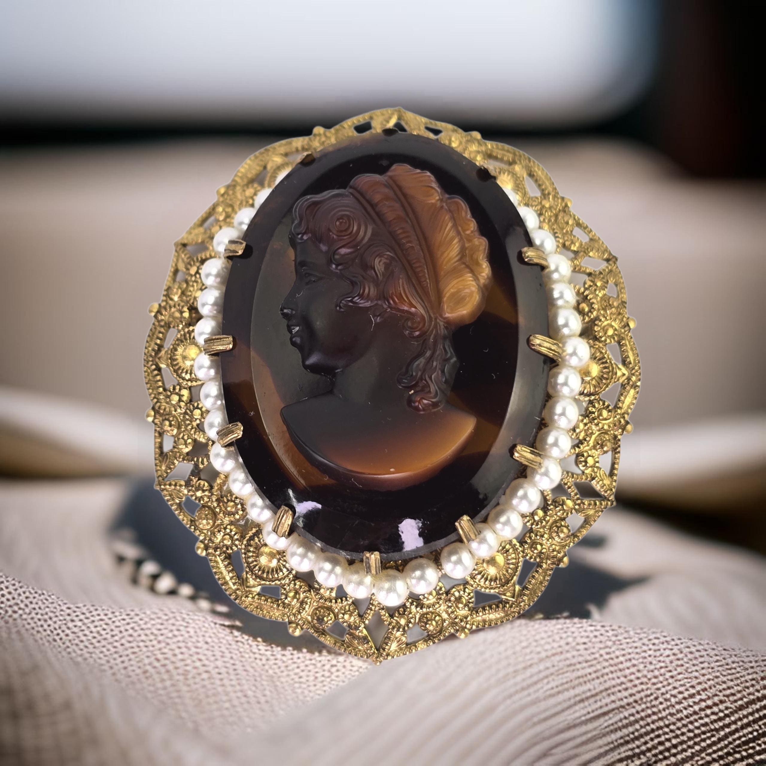 Vintage West Germany Cameo Brooch Frosted Chocolate Glass Cameo
