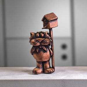 Vintage JJ Anthropomorphic Cat Pin Unique Vintage Cat and Bird House Lapel Pin Vintage Cute Cat Brooch Signed JJ Bronze Tone Cat Lover Gift