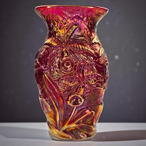 May include: An iridescent glass vase with a floral design. The vase has a wide mouth and a bulbous body. The colours shift from red to gold, creating a shimmering effect. The embossed floral pattern adds texture and visual interest.
