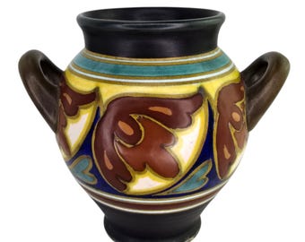 Antique Art Nouveau Gouda Vase Double Handle Floral Art Pottery