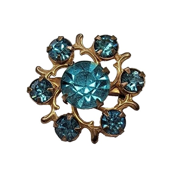 Broche Vintage Années 40 - Fleur Strass Bleus Sur Métal Doré | Bijou Mid-century