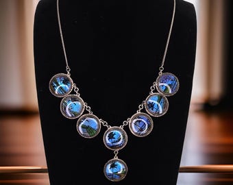 Vintage Brazilian Butterfly Wing Necklace Bubble Glass Vintage Necklace Tropical Scene Charm Necklace Unique Blue Butterfly Art Necklace