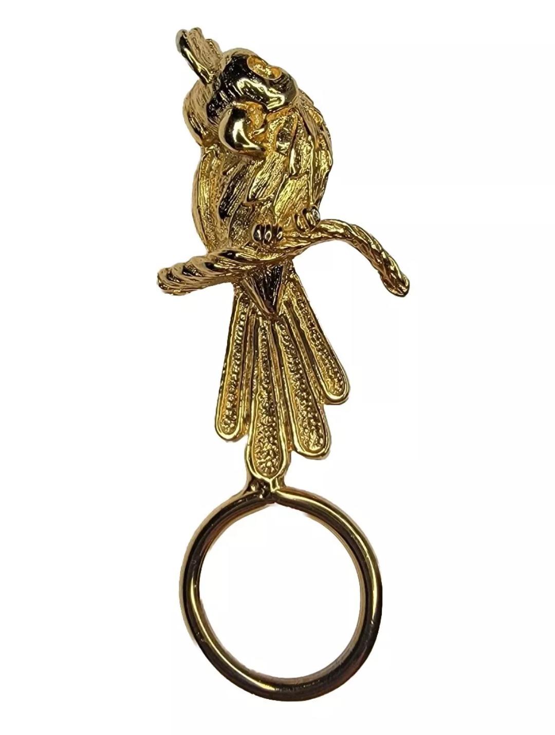 Broche Vintage Perroquet En Relief – Or, émail Prune Et Strass, Parfait état