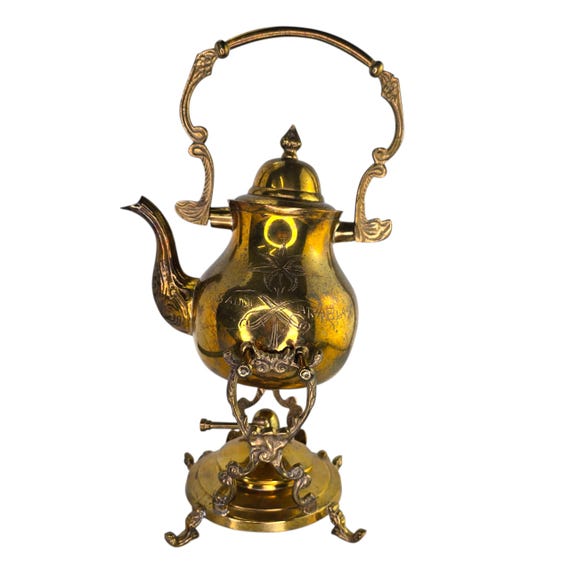 ヴィンテージ真鍮製傾斜ティーポット、エッチング加工サウジアラビア製