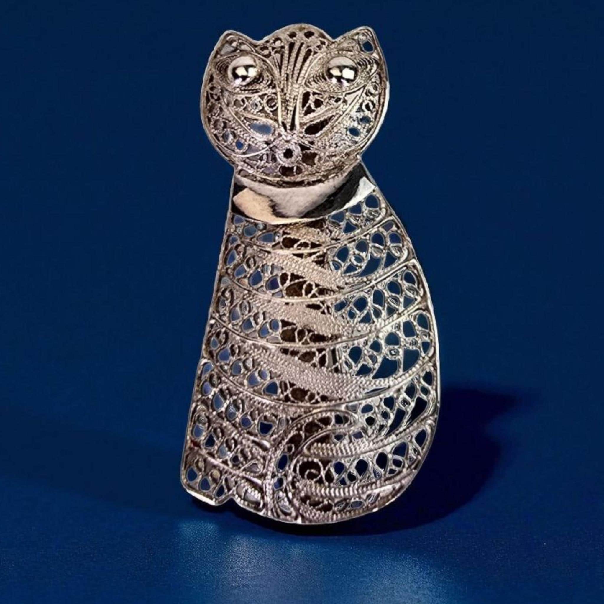 ヴィンテージ フィリグリー スターリングシルバー キャットブローチ