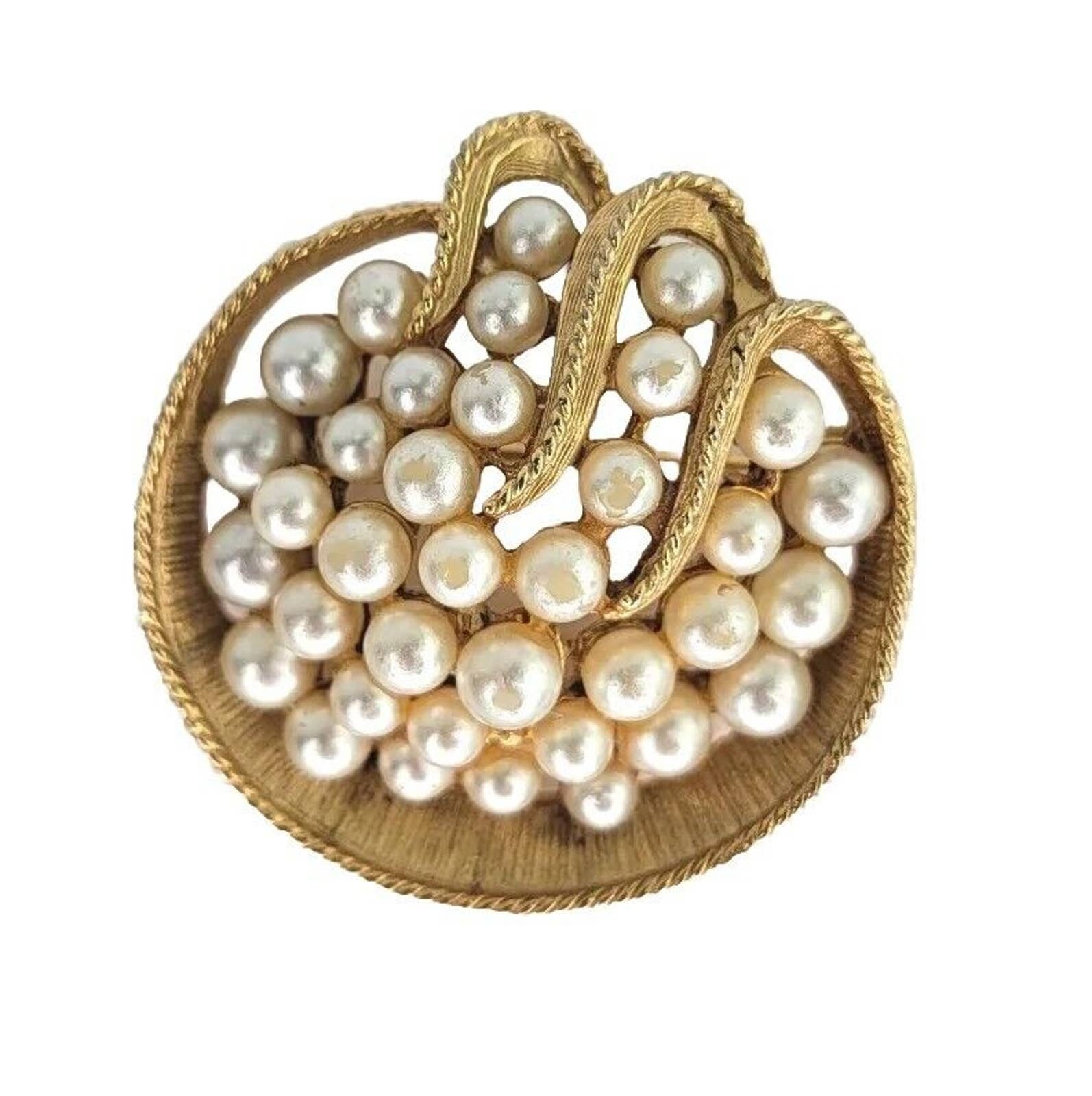 ヴィンテージサイン入りARTブローチ フェイクパールピン ラウンド