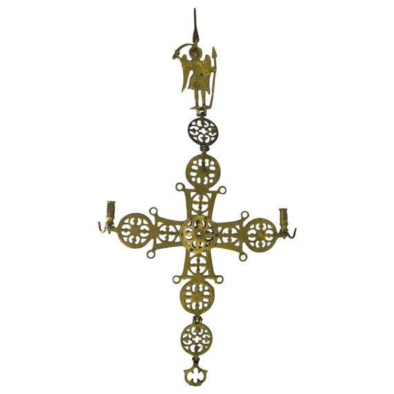 Antique Byzantine Brass Hanging Wall Cross Greek Archangel Micheal