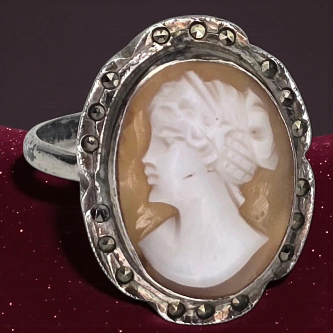 Antique 800 Silver Marcasite Art Deco Real Shell Carved Lady Cameo Ring ...