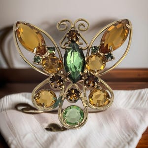 Vintage Gold Tone Rhinestone Butterfly Brooch Prong Set Vintage Butterfly Pin Spring Jewelry Vintage Green and Gold Rhinestone Insect Brooch