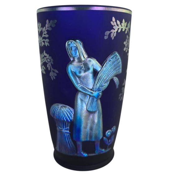 フェントン　花瓶　ヴィンテージ　① ヴィンテージ フェントン ブルー ファブレネ シーズンズ 花瓶 1998年