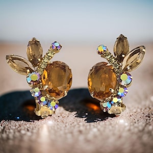 Vintage Juliana Earrings Clip-on Vintage Topaz Aurora Borealis Earrings by Juliana Rhinestone Clip On Earrings Vintage AB Juliana Jewelry