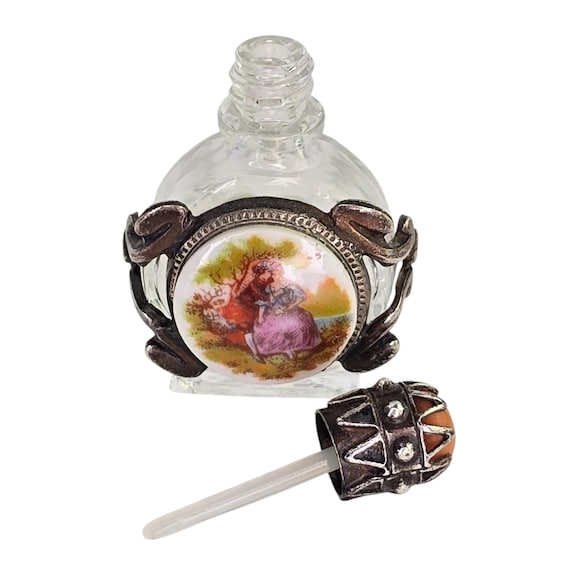 Vintage Silver Tone Metal Encased Miniature Glass Perfume Bottle Victorian Revival Porcelain Courtship Mini Glass and Metal Perfume Bottle View 6