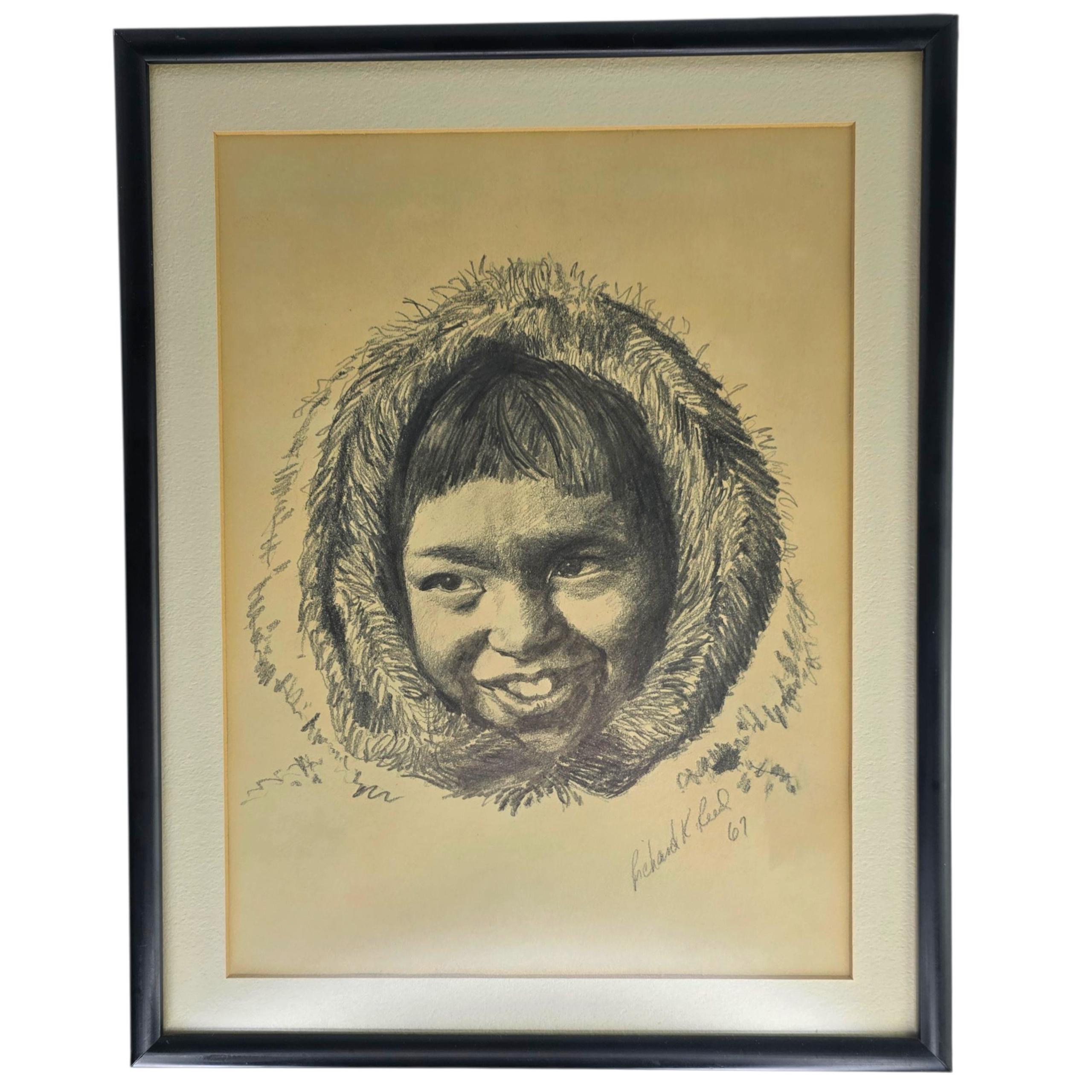Vintage Midcentury Charcoal Drawing of Inuit Boy Artist