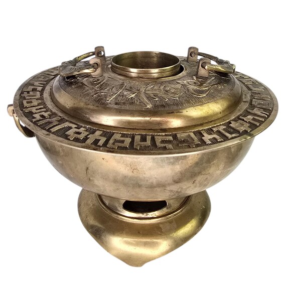 Vintage Midcentury Brass Hot Pot Korean Fish Motif Hot Pot Brass
