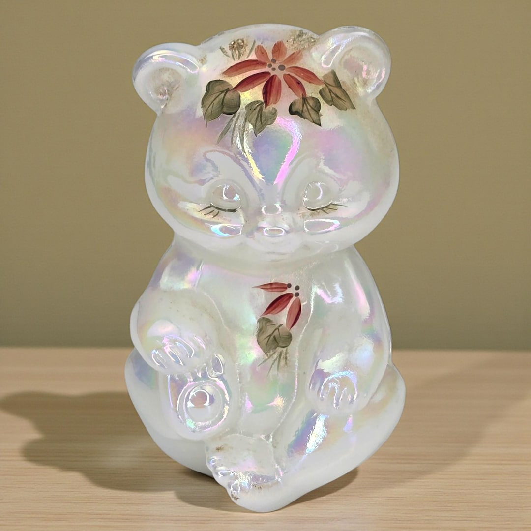Vintage Hand Painted Signed Fenton Bear Figurine White Opal