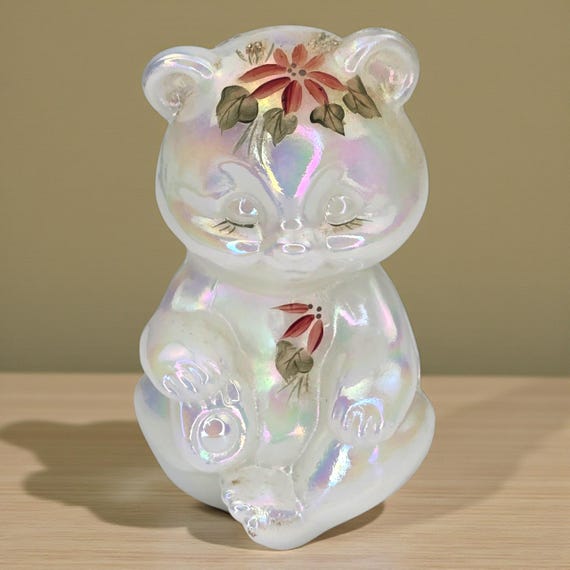 Vintage Hand Painted Signed Fenton Bear Figurine White Opal