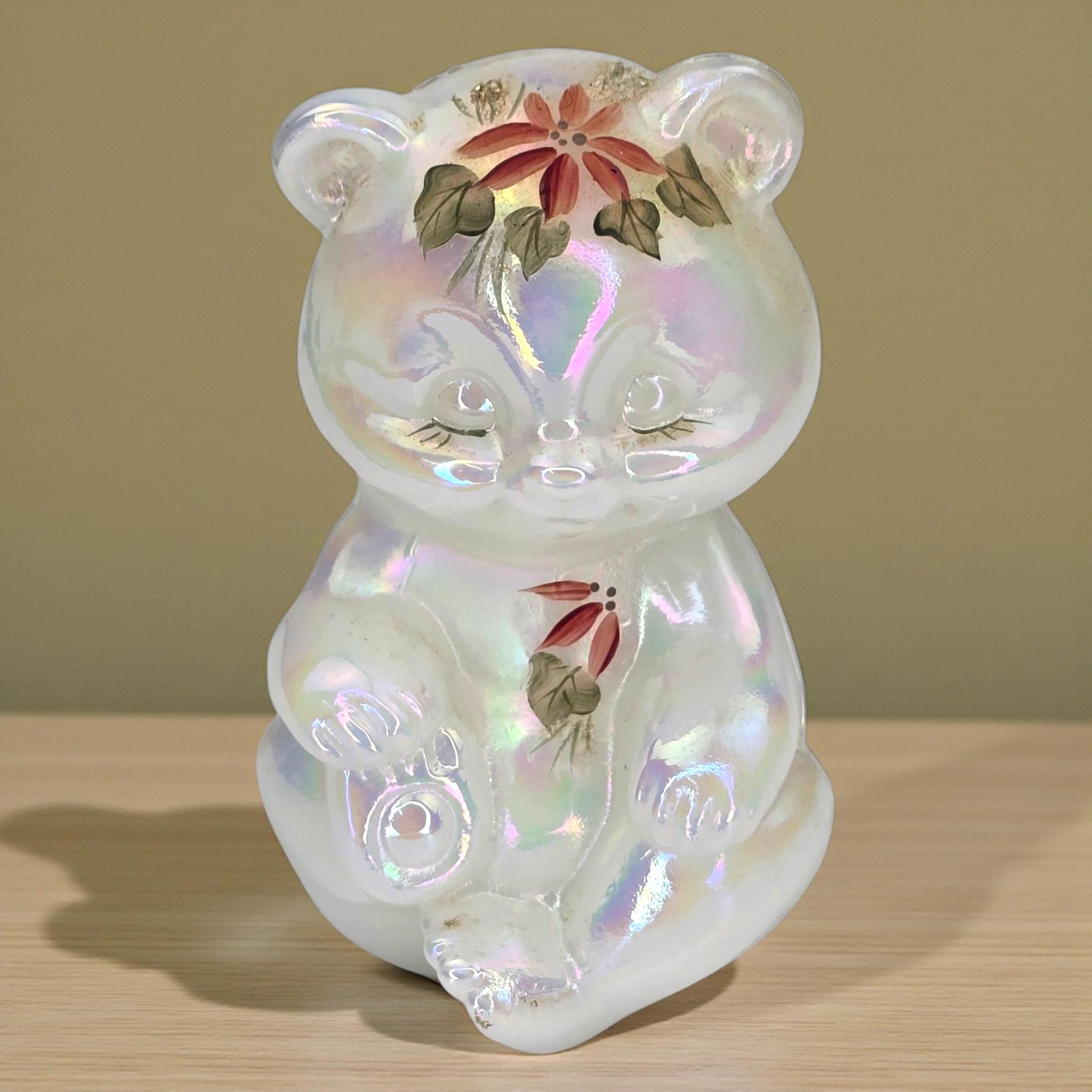 Vintage Hand Painted Signed Fenton Bear Figurine White Opal