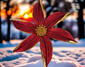 Vintage Poinsettia broche firmado Tona rojo y oro joyería navideña vintage broche flor regalo para mamá flor joyería diciembre regalo de cumpleaños