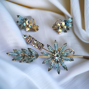 Vintage Juliana Set Aqua Aurora Borealis Rhinestone Flower Brooch Juliana DeLizza Elster Navette Floral Juliana Brooch and Earrings Juliana