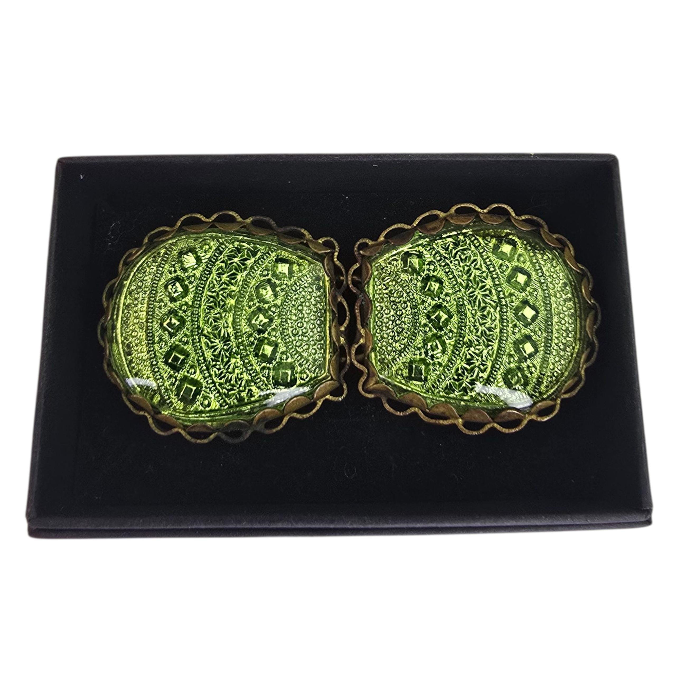 Antique Signed Czech Art Glass Belt Buckle Antique Brass 