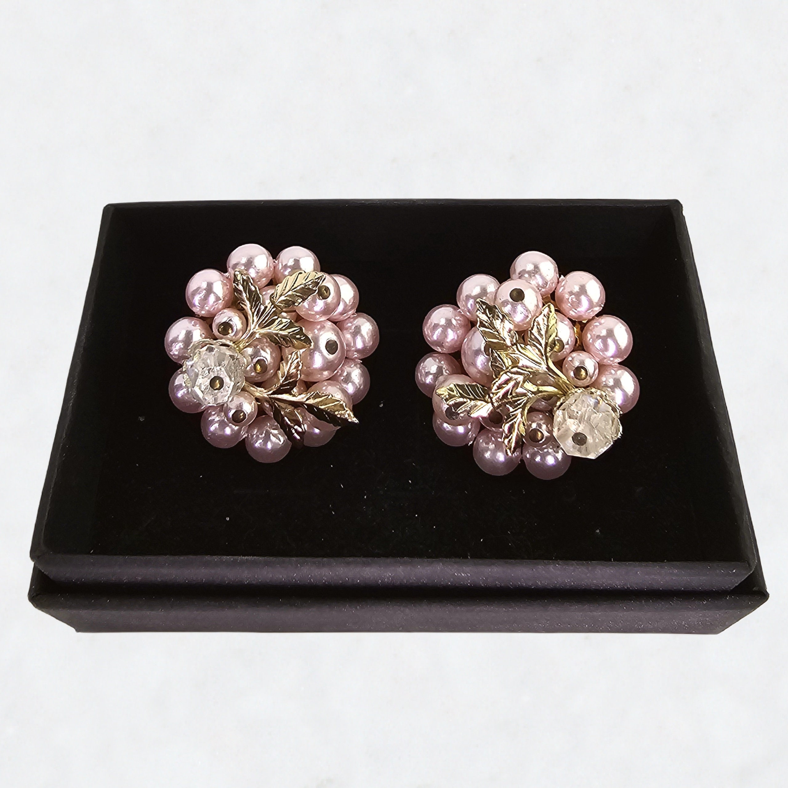Vintage Pink Earrings Clip Retro Pink Cluster Faux Pearl