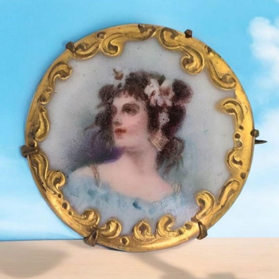 Antique Victorian Hand Painted Woman Porcelain Brooch Antique Painted Victorian Lady Brooch Victorian Painted Lady Portrait Pin Antique