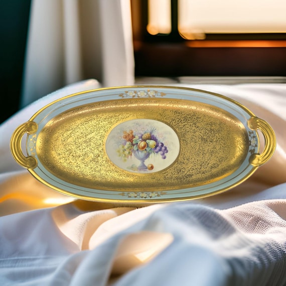 Antique Pickard China Gold Etched Hand Painted Serving Dish