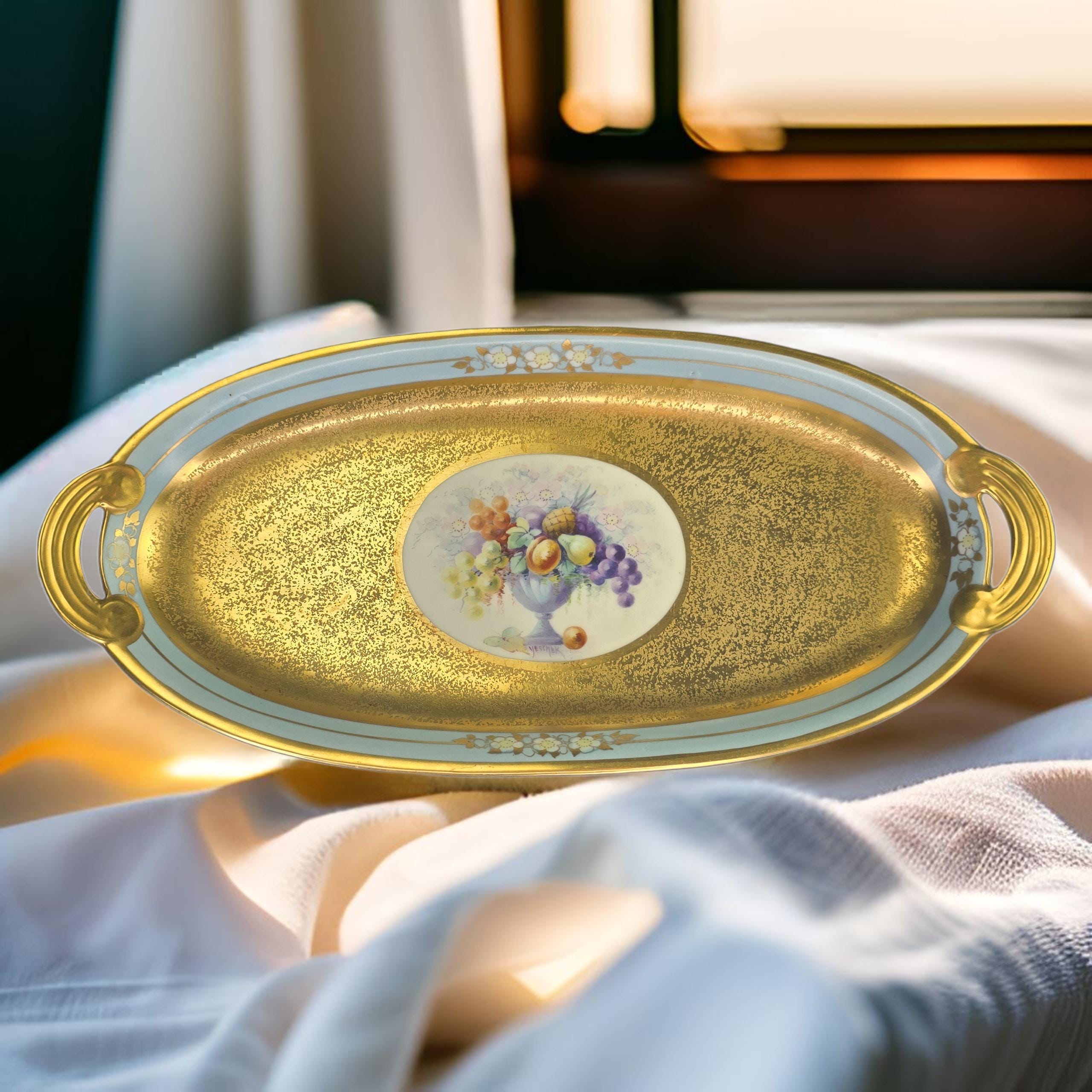 Antique Pickard China Gold Etched Hand Painted Serving Dish