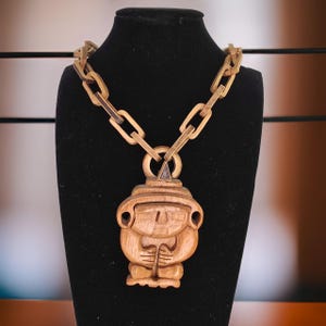 Vintage Tiki Necklace 1970s Wooden Tiki Man Pendant and Chain Necklace Tiki Wood Pendant Vintage Midcentury Folk Art Necklace Native Jewelry