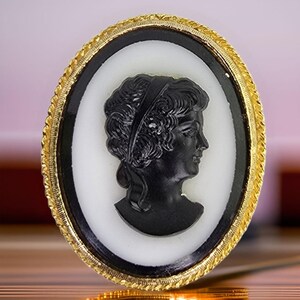 Vintage Victorian Revival White Glass Black Cameo Brooch Gold Tone Frame Lady Cameo Brooch Black & White Unique Vintage Cameo Jewelry Black