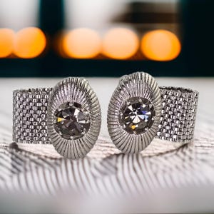 Vintage Mid-Century Mens Cuff Links Silver Tone Mesh Rhinestone Cuff Links Vintage Mens Statement Jewelry Gift for Men Holiday Cuff Links