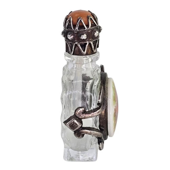Vintage Silver Tone Metal Encased Miniature Glass Perfume Bottle Victorian Revival Porcelain Courtship Mini Glass and Metal Perfume Bottle View 3