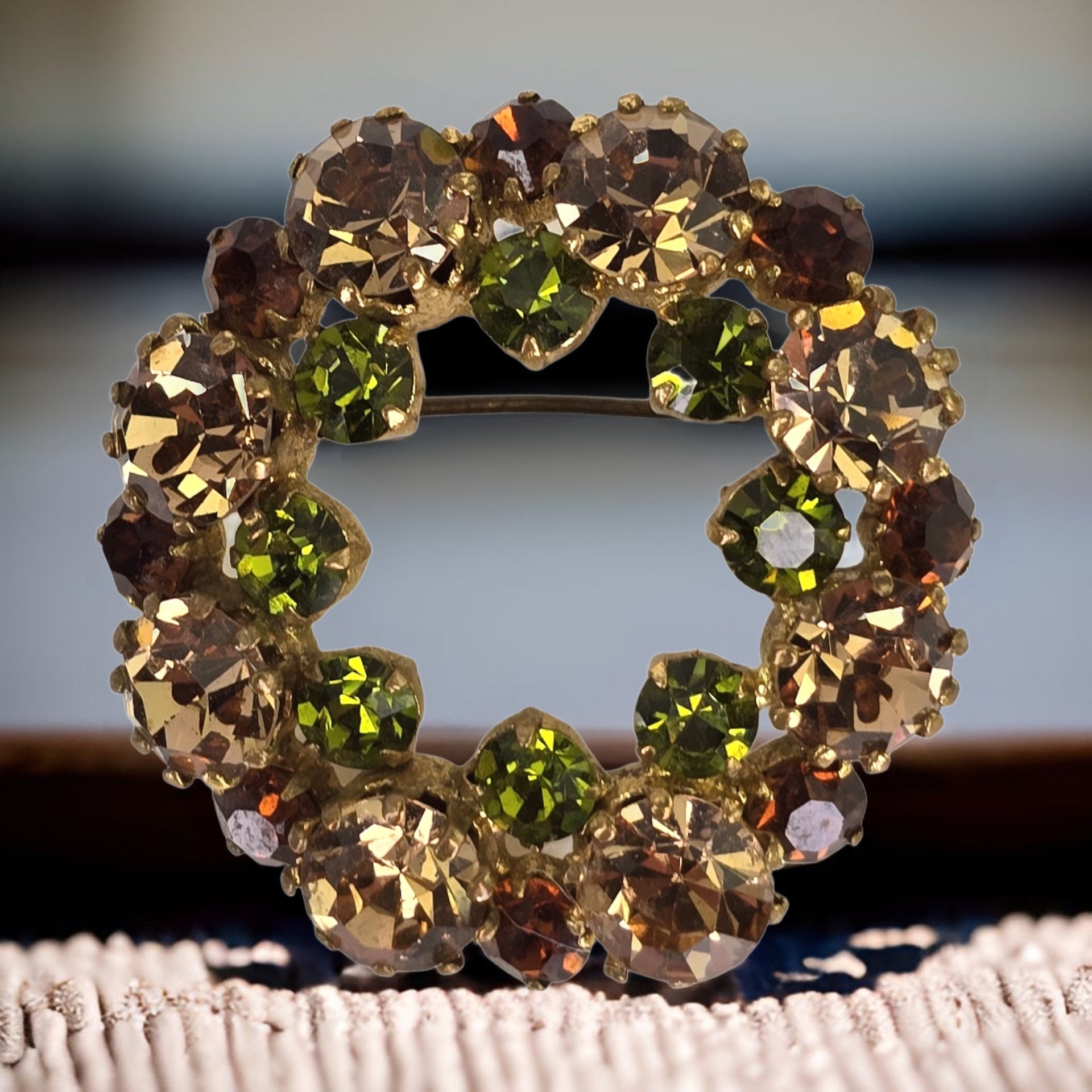 Vintage Autumn Wreath Brooch Fall Colors Rhinestone Brooch Amber and ...