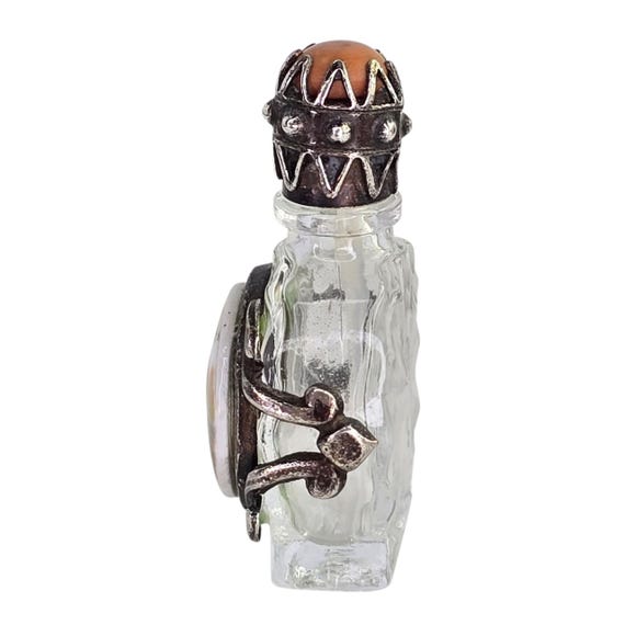 Vintage Silver Tone Metal Encased Miniature Glass Perfume Bottle Victorian Revival Porcelain Courtship Mini Glass and Metal Perfume Bottle View 5