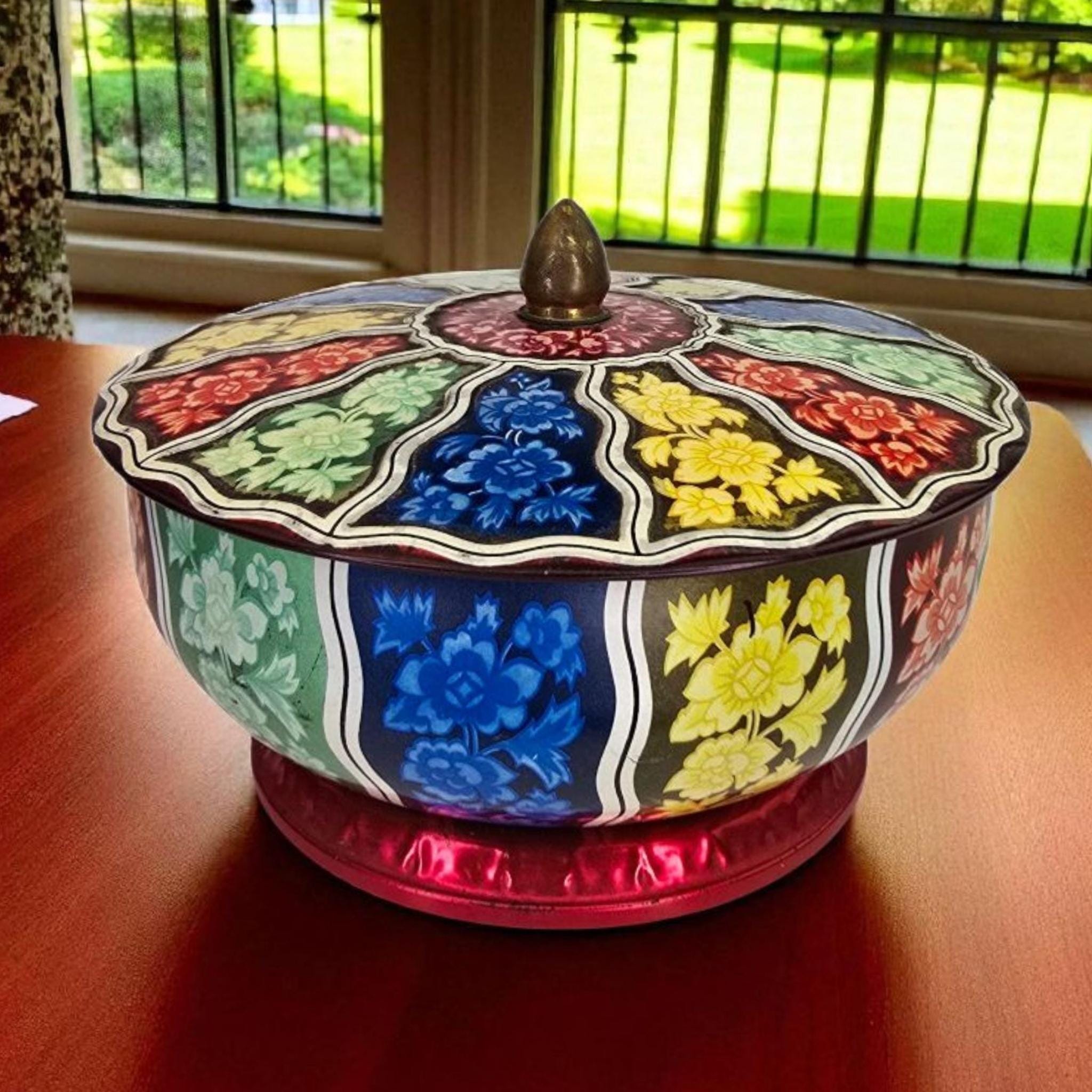 ヴィンテージ イングリッシュ キャンディ缶 花柄 原色 装飾缶 マルチ