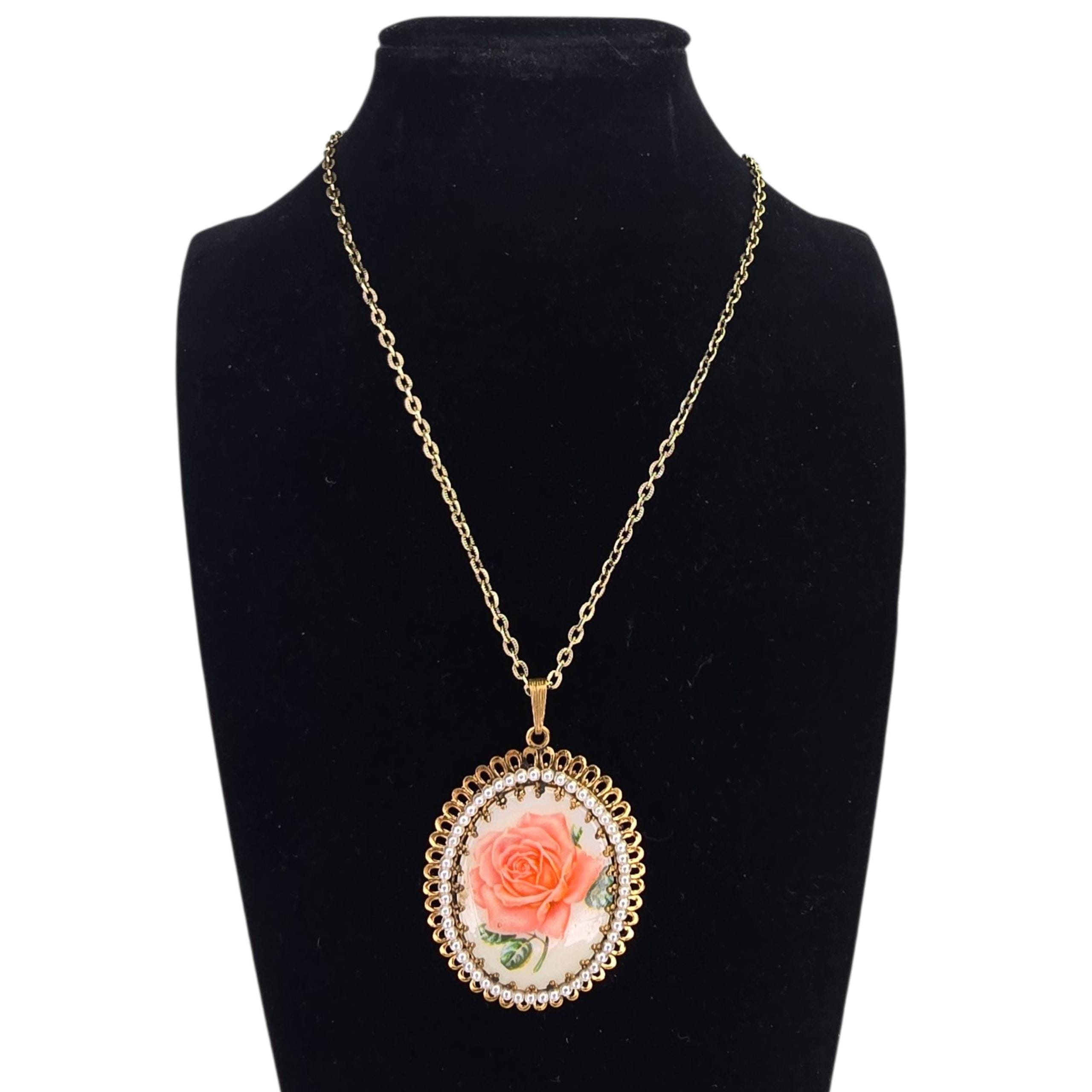 Vintage Floral Pink Rose Cameo Glass Pendant Necklace Vintage Faux