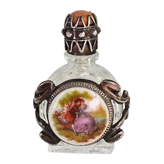 Vintage Silver Tone Metal Encased Miniature Glass Perfume Bottle Victorian Revival Porcelain Courtship Mini Glass and Metal Perfume Bottle View 2