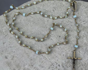 Rosario católico antiguo con cuentas de vidrio opalino y piedra lunar, rosario único con cuentas de vidrio envueltas en alambre, regalo de oración espiritual cristiana religiosa