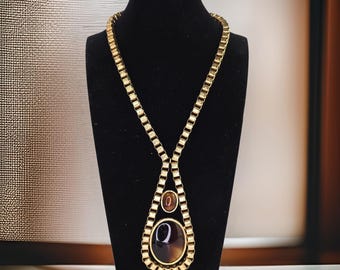 Vintage Hollywood Regency Necklace Gold Tone Etched Link Cabochon Necklace Vintage Tiger Eye Glass Necklace Boho Chunky Statement Necklace