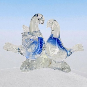 Vintage Murano Italy Art Glass Lovebirds Murano Glass Doves Vintage Italian Glass Birds on Branch Clear Blue Bullicante Murano Glass Birds